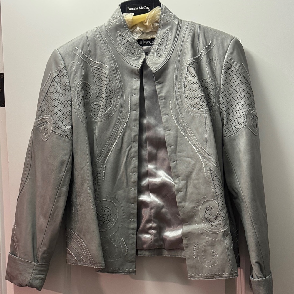 Pamela McCoy Lt Gray Embroidered Leather Jacket  Brand new w/ tags.
